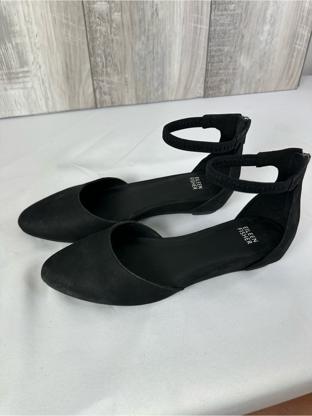Eileen Fisher Black Suede Ankle-Strap Flats -9.5